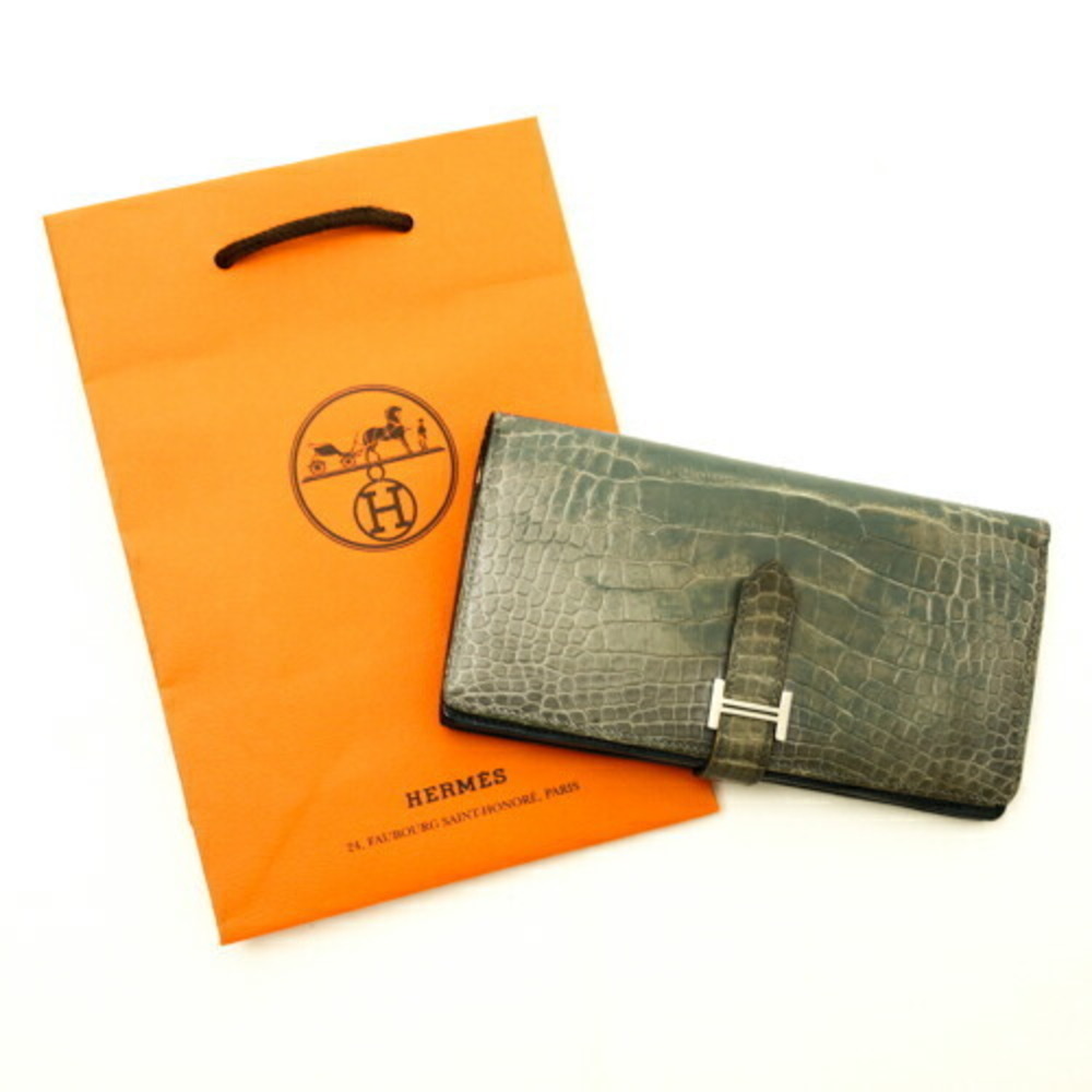 HERMES Bear Souffl Alligator P Bifold Wallet Crocodile Blue Navy